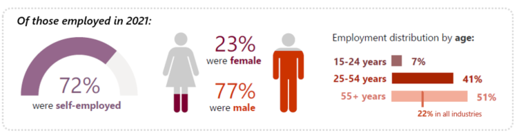 Charts showing sector employment distribution in 2021