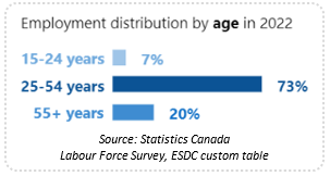 Employment distribution by age in 2022